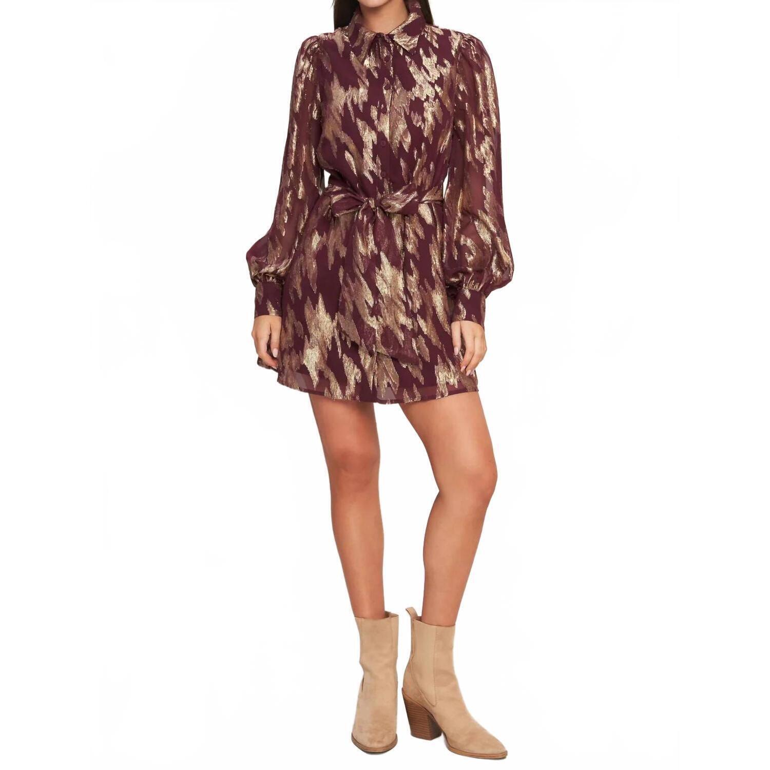 New Flying Tomato Muse Metallic Print Long Sleeve Collared Mini Dress In Burgund — image 7 of 8